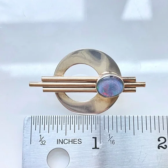Vintage 10K GF Sterling Silver& Opal Modernist Deco Geometric Brooch Pin Pendant - Picture 6 of 9